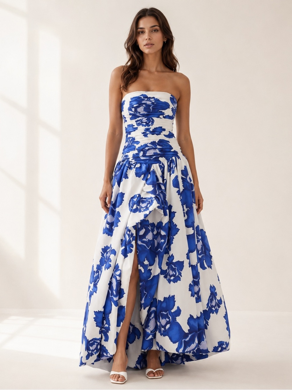 Strapless Blue & White Floral Maxi Dress